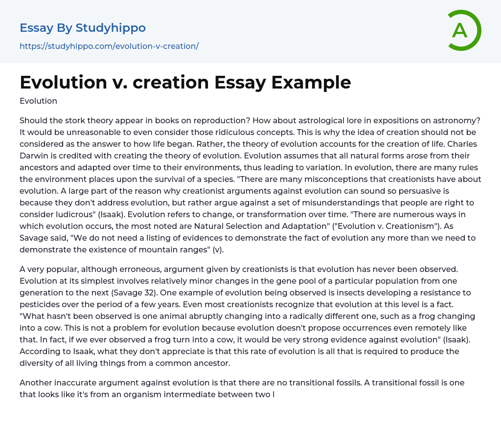Evolution v. creation Essay Example