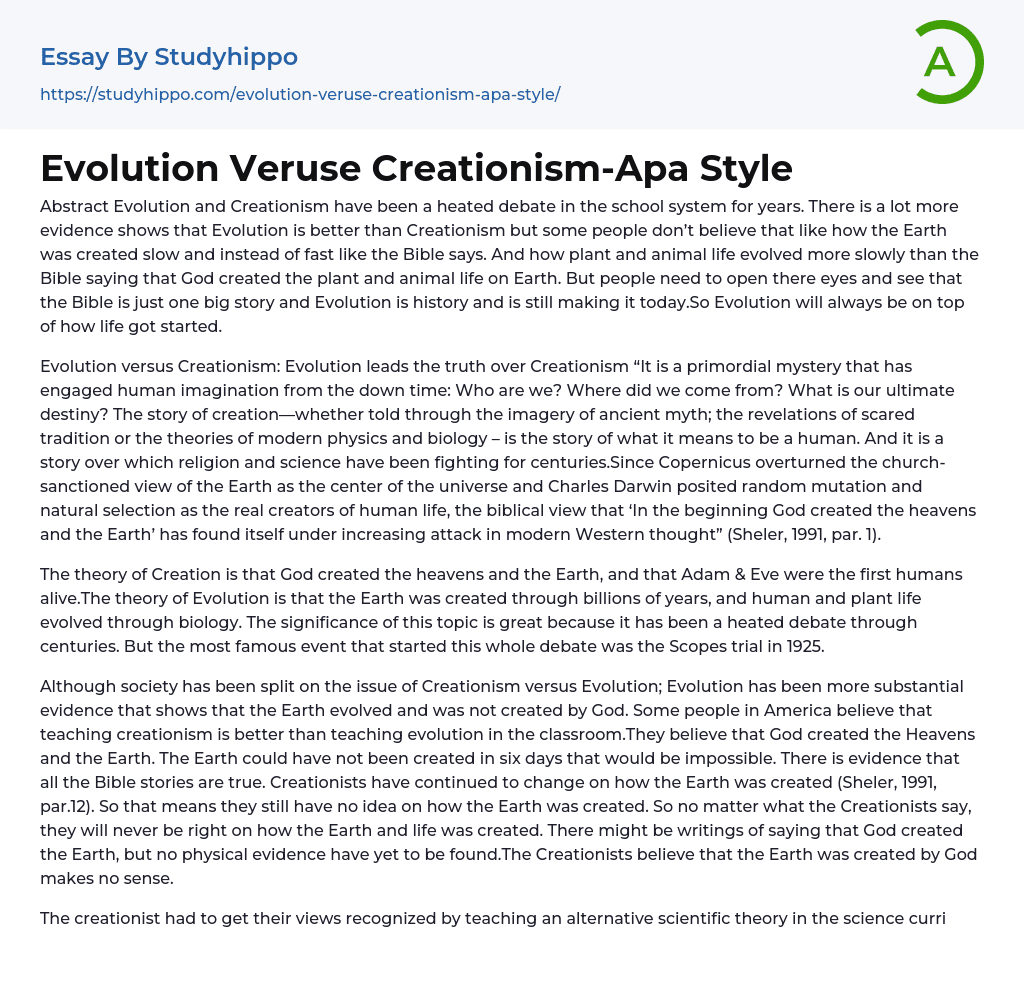 Evolution Veruse Creationism-Apa Style Essay Example