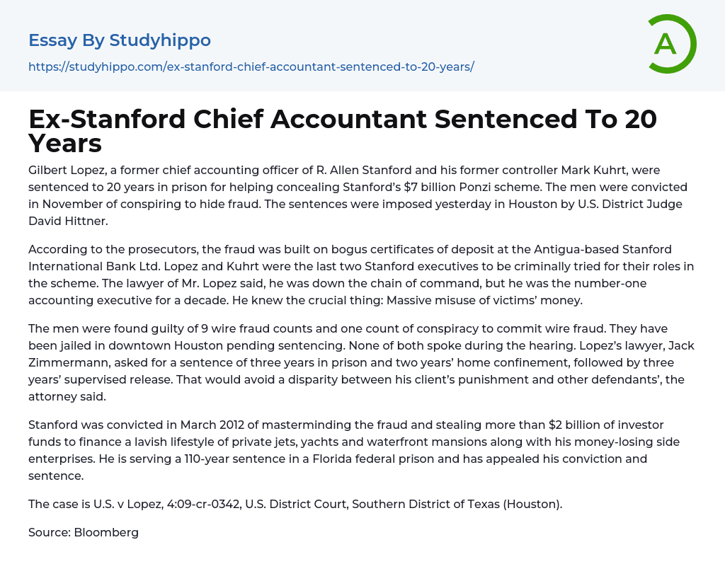 Ex-Stanford Chief Accountant Sentenced To 20 Years Essay Example