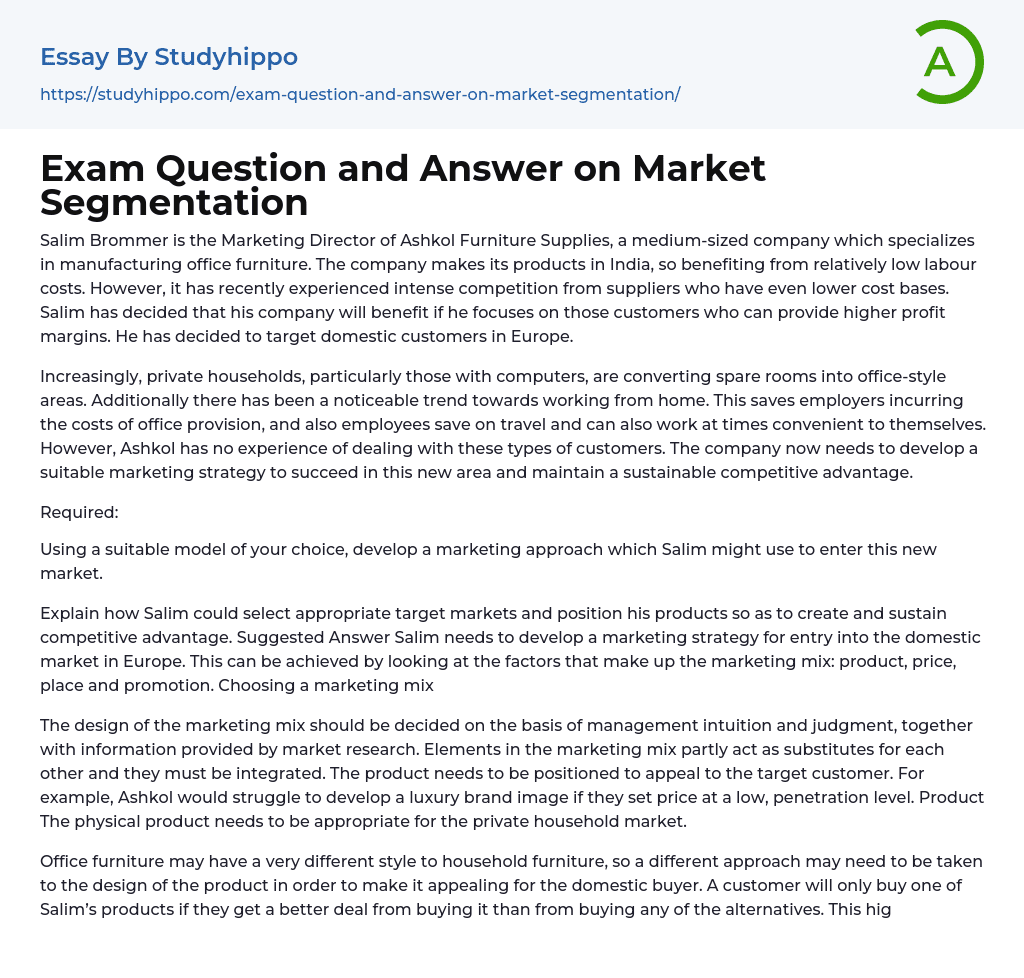 Exam Question and Answer on Market Segmentation Essay Example