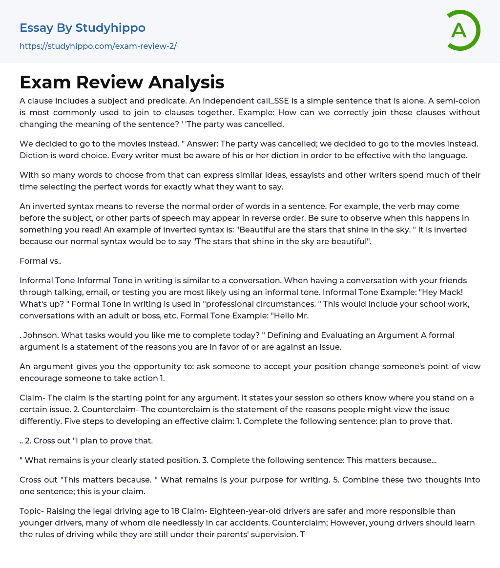Exam Review Analysis Essay Example