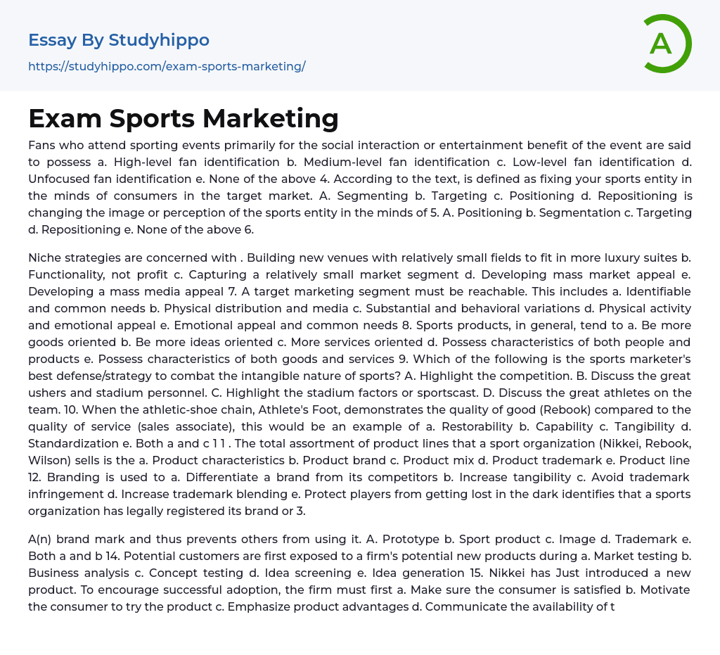 Exam Sports Marketing Essay Example