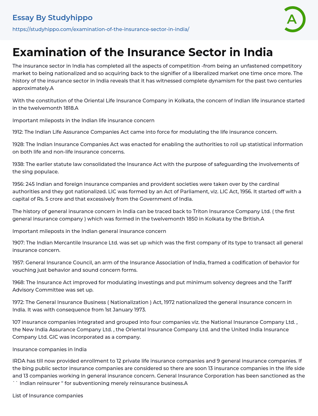 Examination of the Insurance Sector in India Essay Example