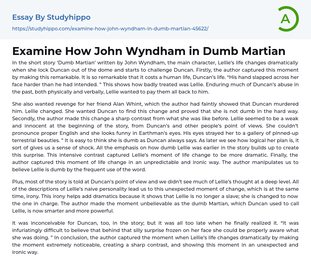 Examine How John Wyndham in Dumb Martian Essay Example