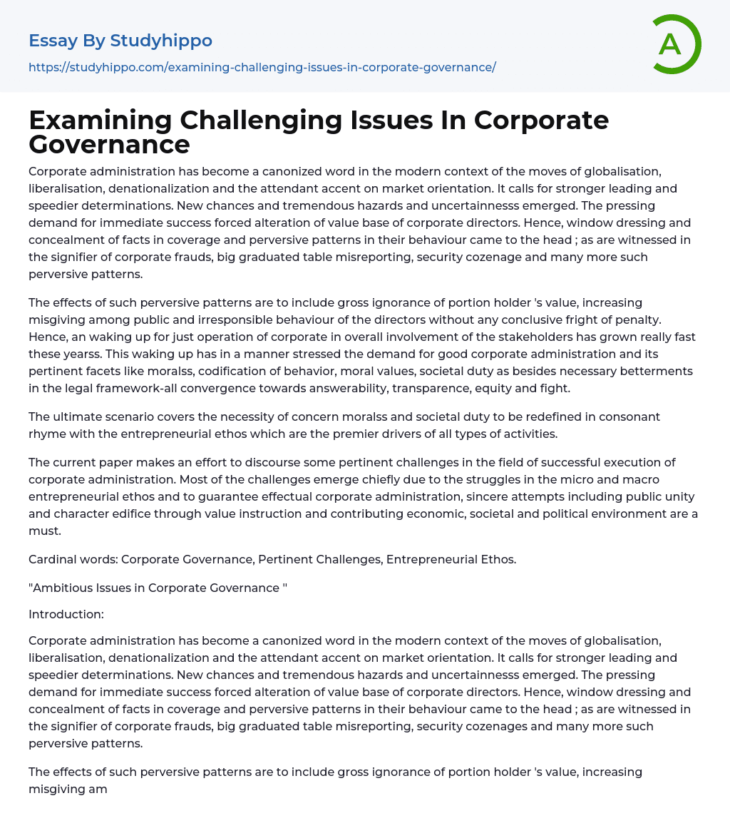 Examining Challenging Issues In Corporate Governance Essay Example