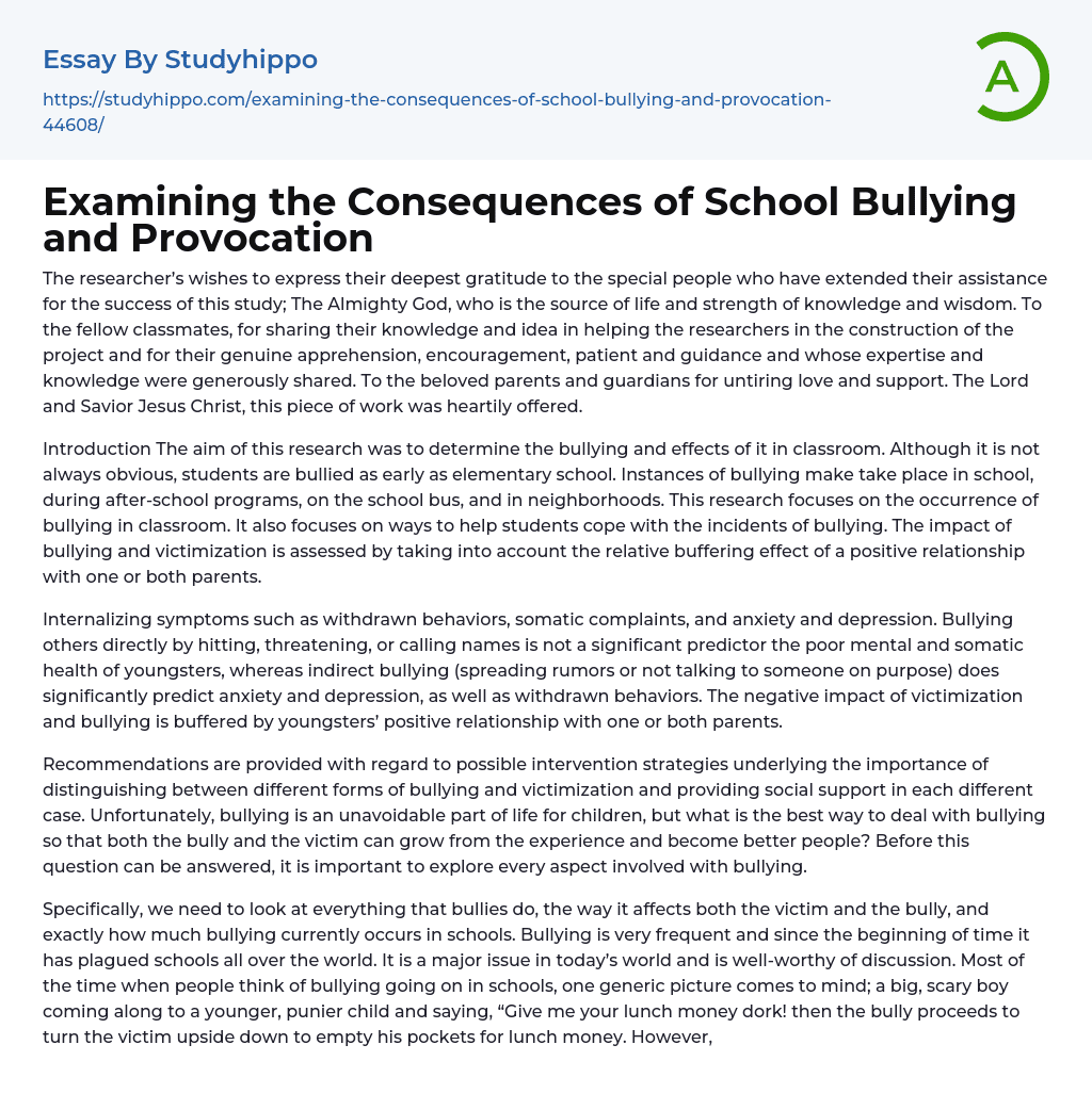 Examining the Consequences of School Bullying and Provocation Essay Example