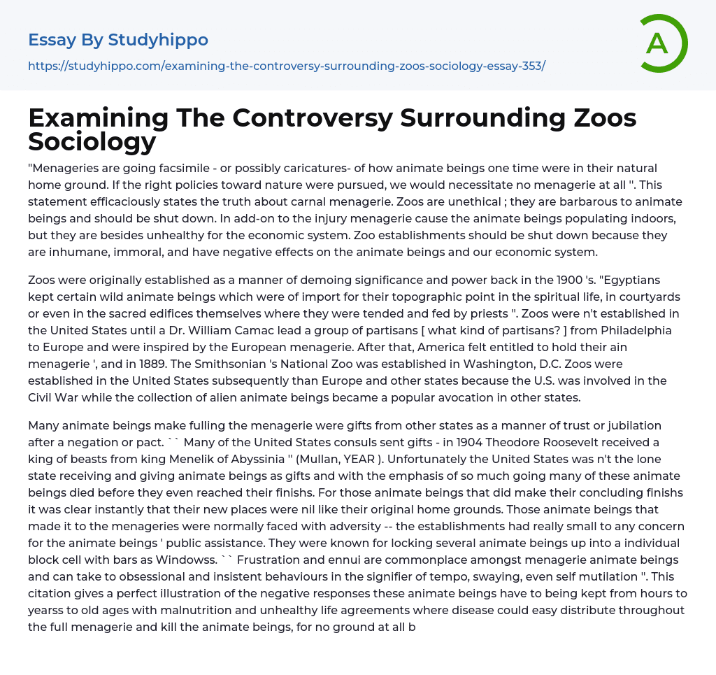 Examining The Controversy Surrounding Zoos Sociology Essay Example