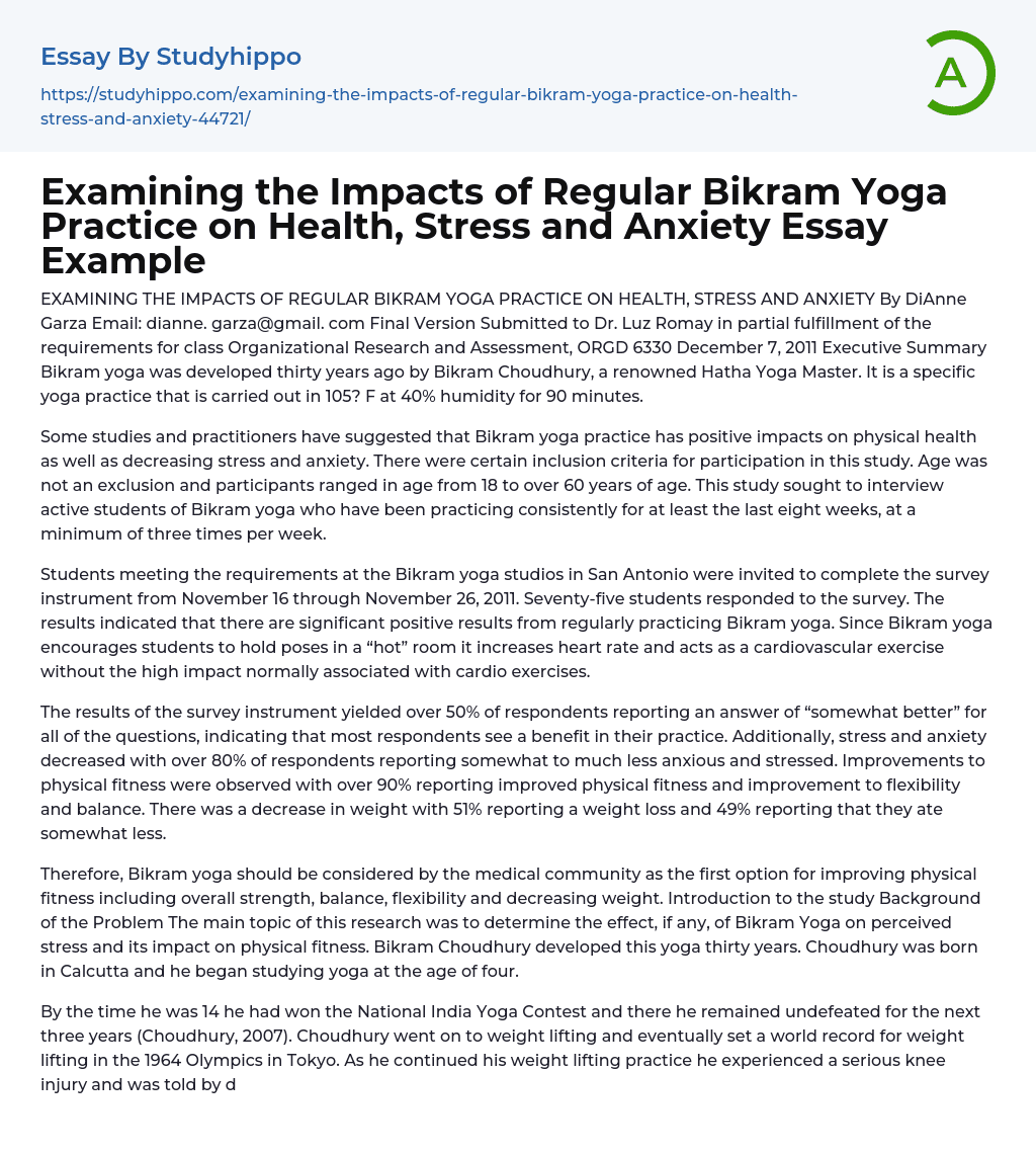 Examining the Impacts of Regular Bikram Yoga Practice on Health Essay Example