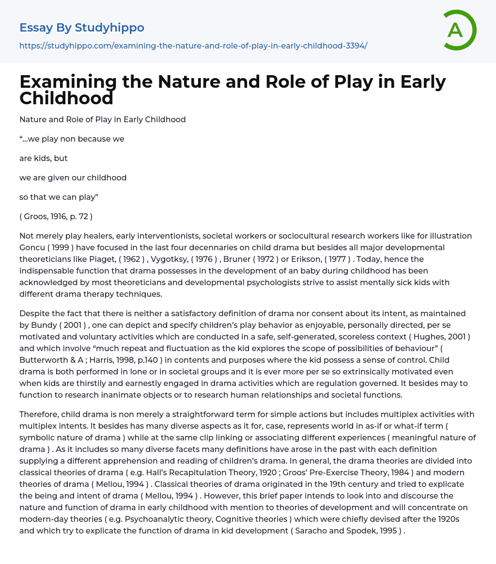 Examining the Nature and Role of Play in Early Childhood Essay Example