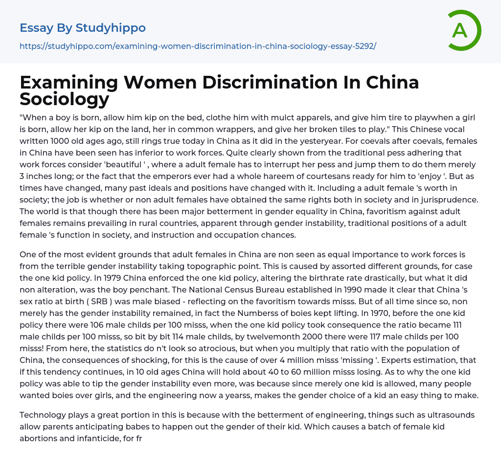 Examining Women Discrimination In China Sociology Essay Example