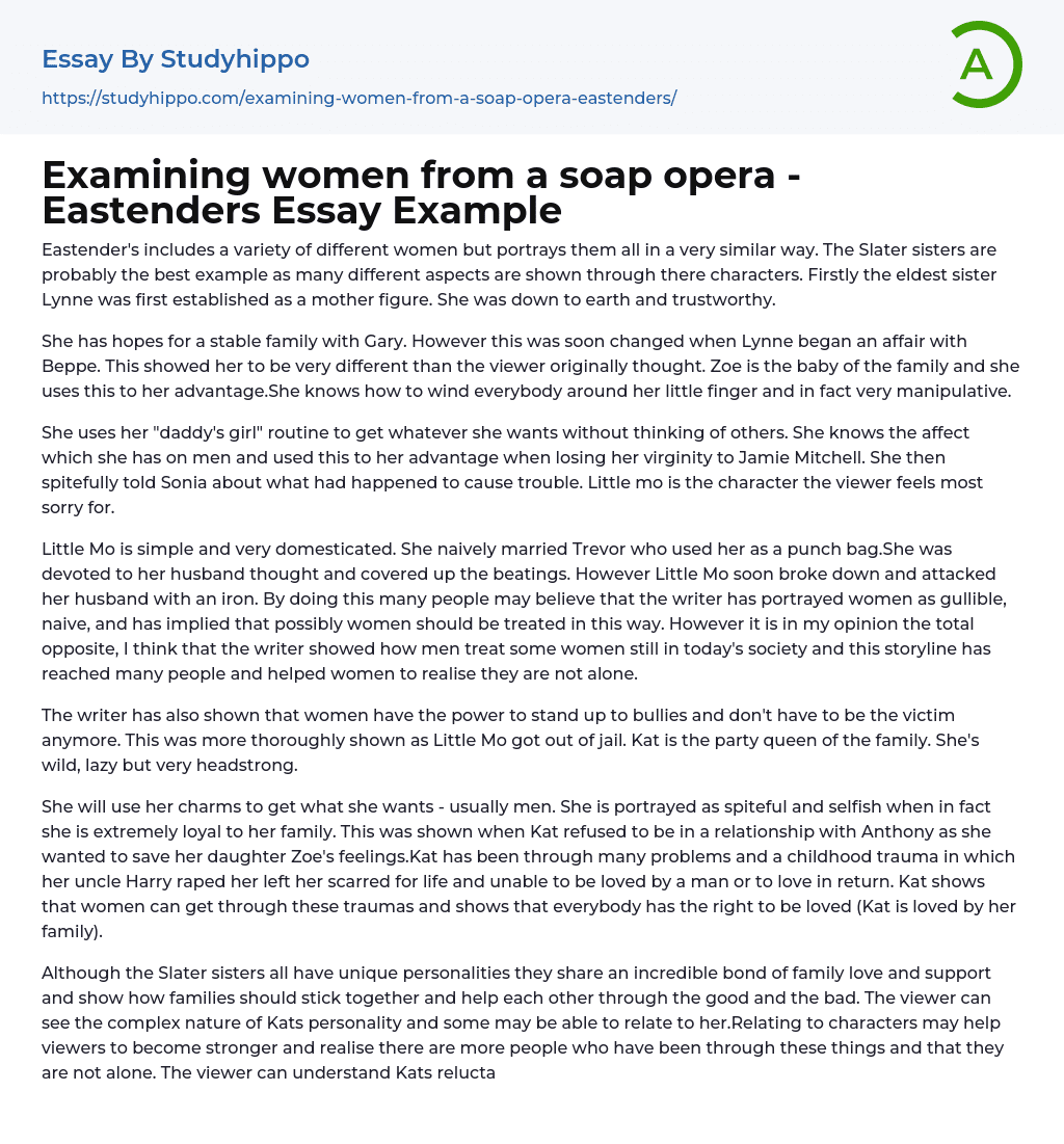 Examining women from a soap opera – Eastenders Essay Example
