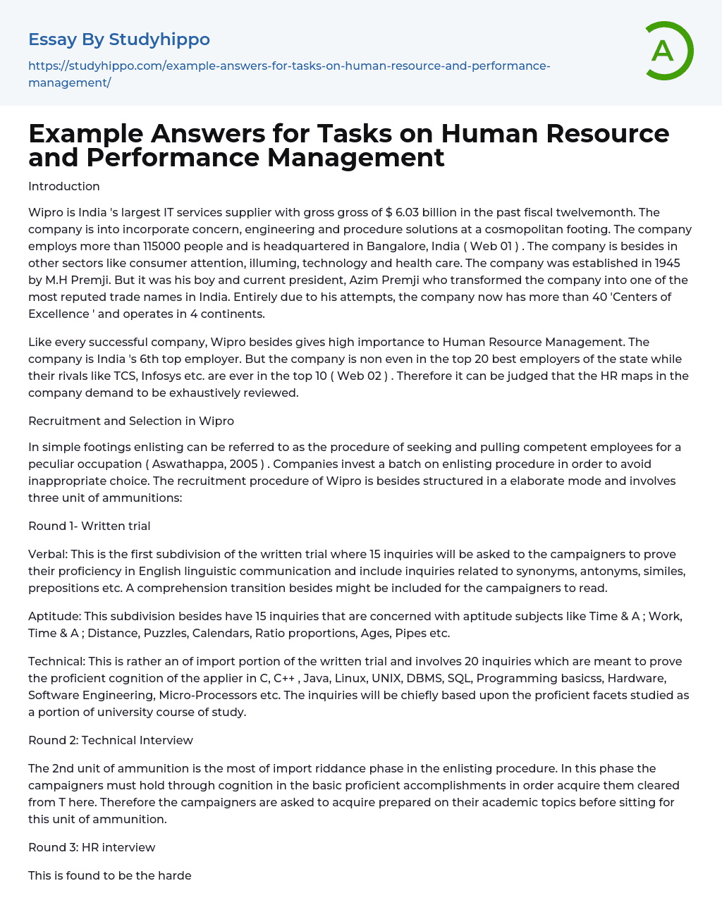Example Answers for Tasks on Human Resource and Performance Management Essay Example