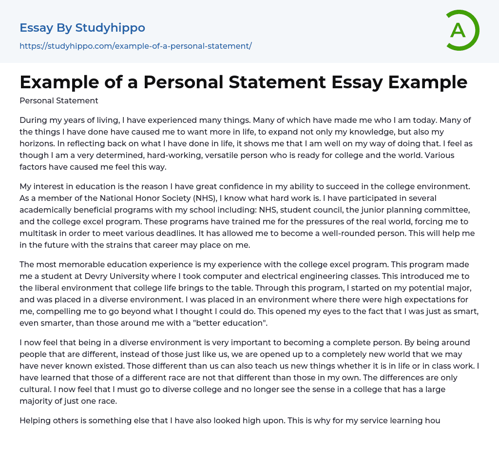 Example of a Personal Statement Essay Example