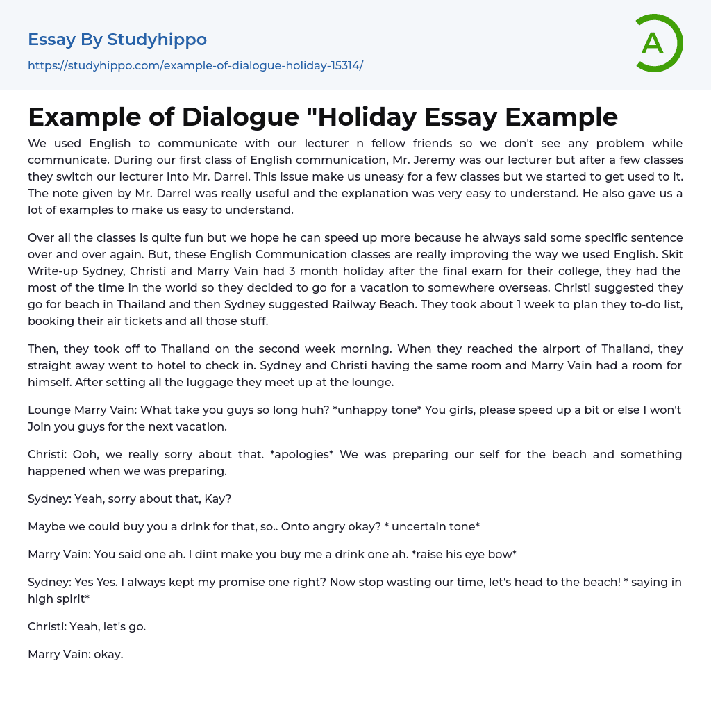 Example of Dialogue “Holiday Essay Example