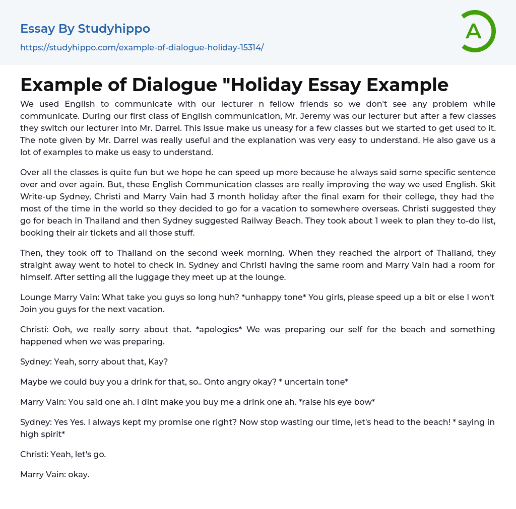 Example Of Dialogue Holiday Essay Example StudyHippo