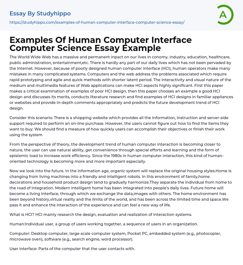 Examples Of Human Computer Interface Computer Science Essay Example