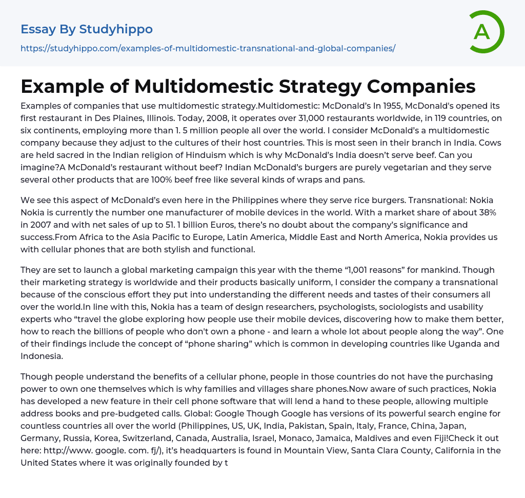Example of Multidomestic Strategy Companies Essay Example