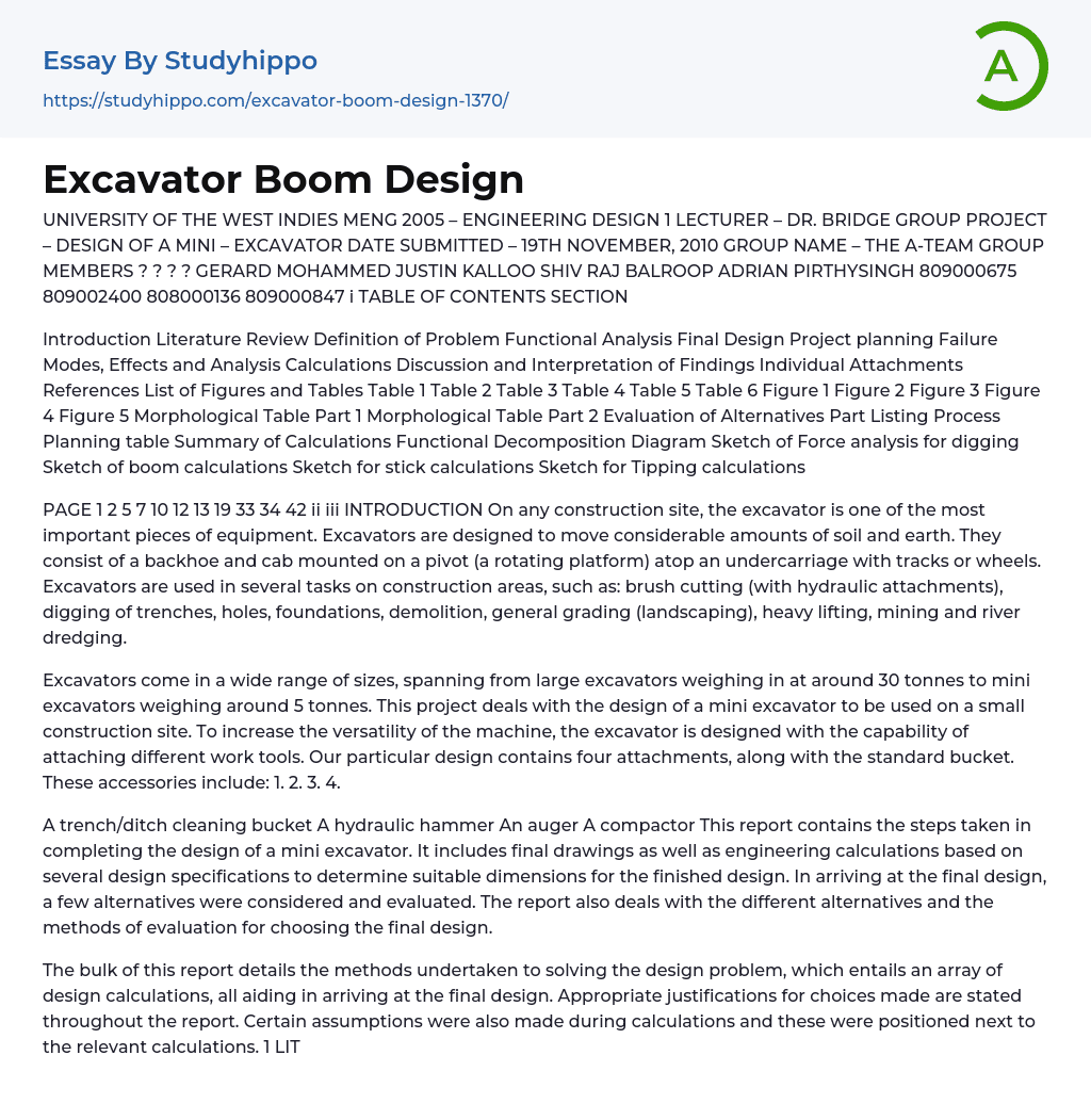 Excavator Boom Design Essay Example