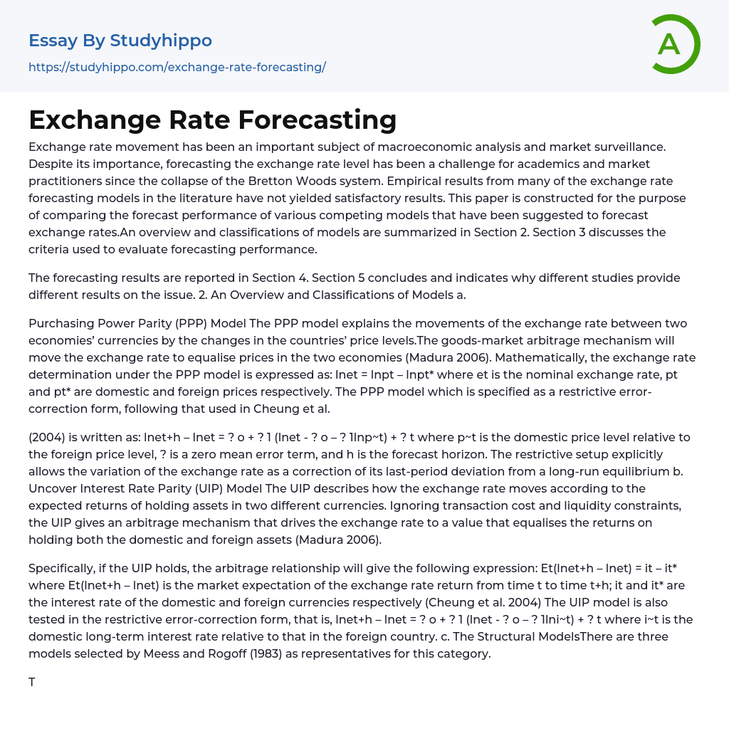 Exchange Rate Forecasting Essay Example
