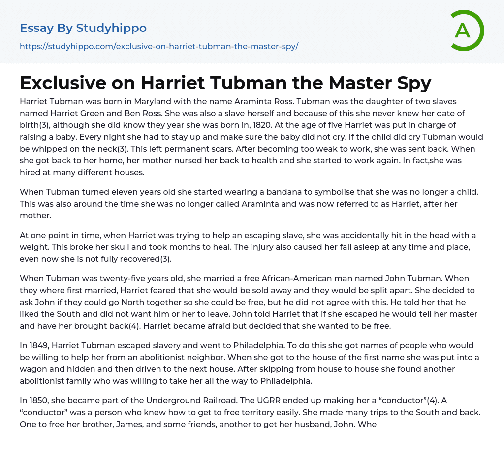 Exclusive on Harriet Tubman the Master Spy Essay Example