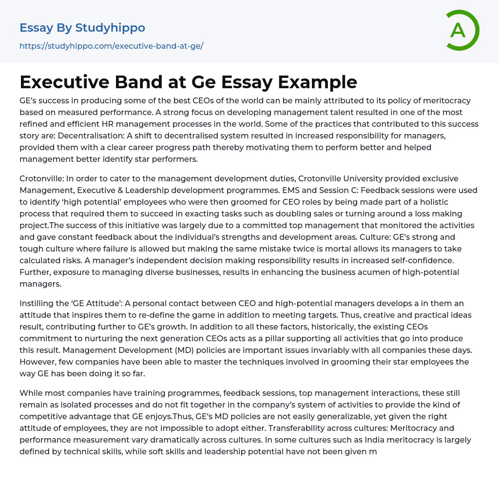 Executive Band at Ge Essay Example