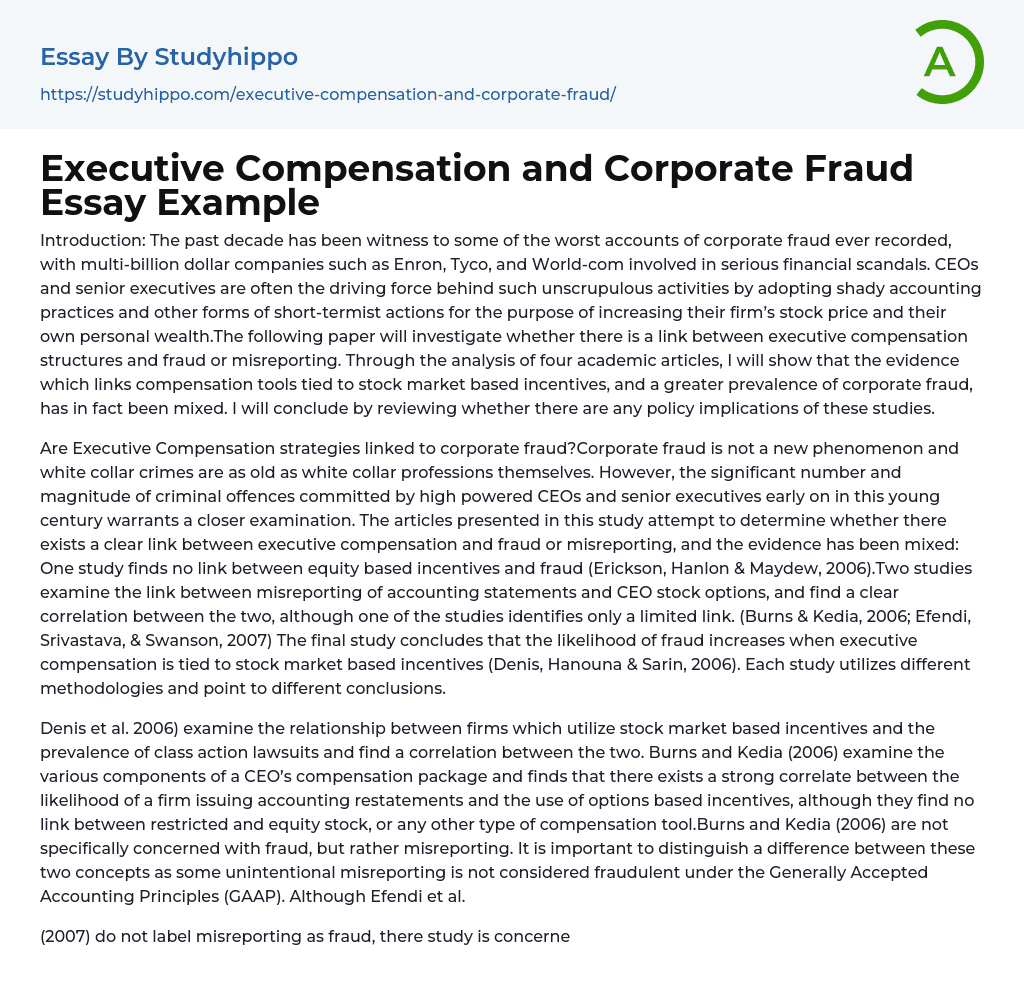 Executive Compensation and Corporate Fraud Essay Example