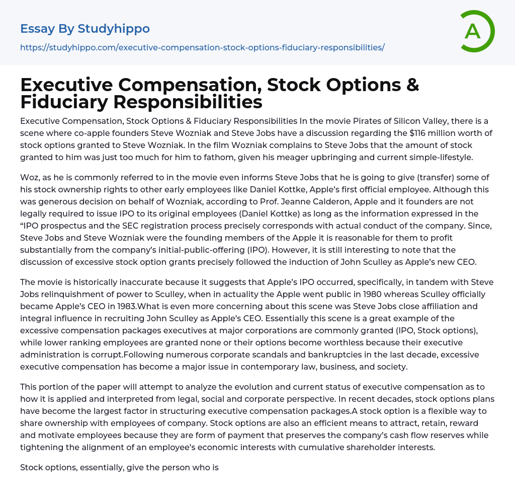 Executive Compensation, Stock Options & Fiduciary Responsibilities Essay Example