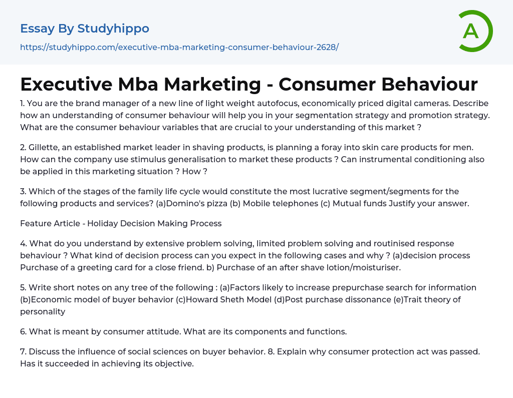 Executive Mba Marketing – Consumer Behaviour Essay Example