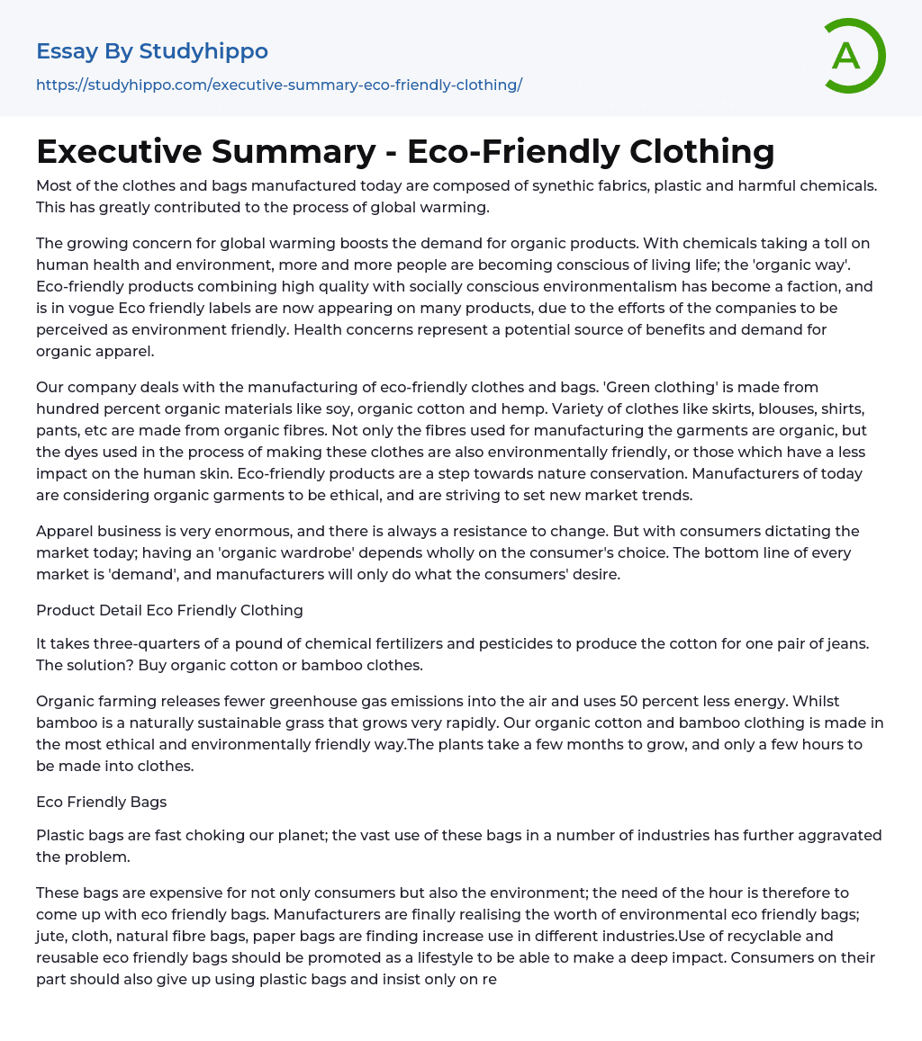 Executive Summary – Eco-Friendly Clothing Essay Example