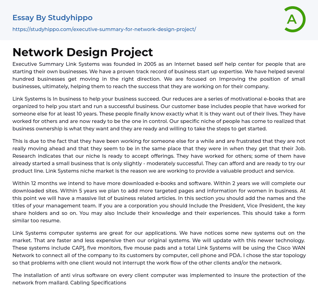 Network Design Project Essay Example