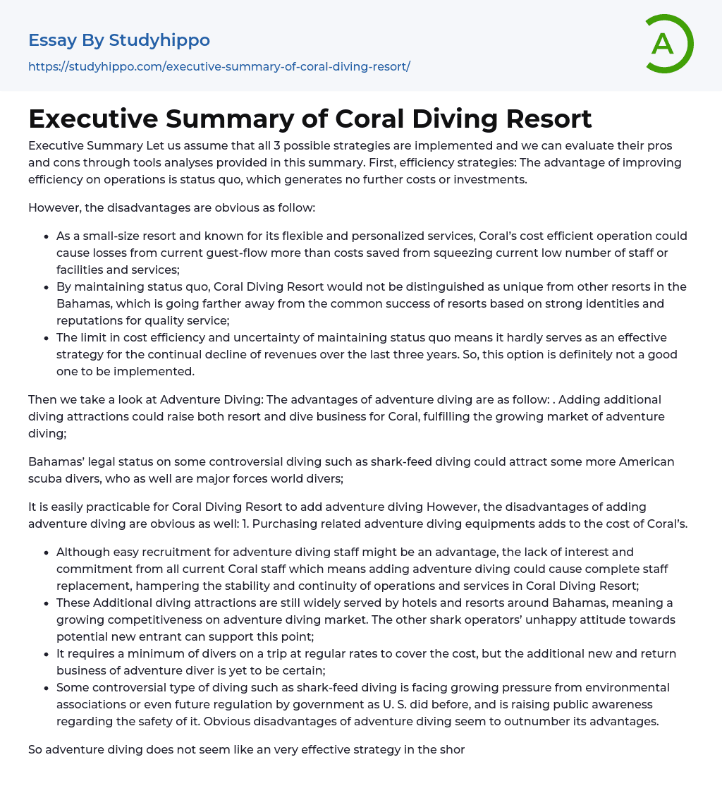 Executive Summary of Coral Diving Resort Essay Example