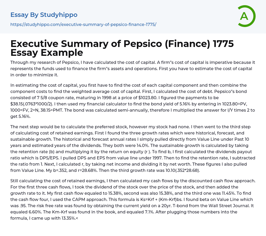 Executive Summary of Pepsico (Finance) 1775 Essay Example