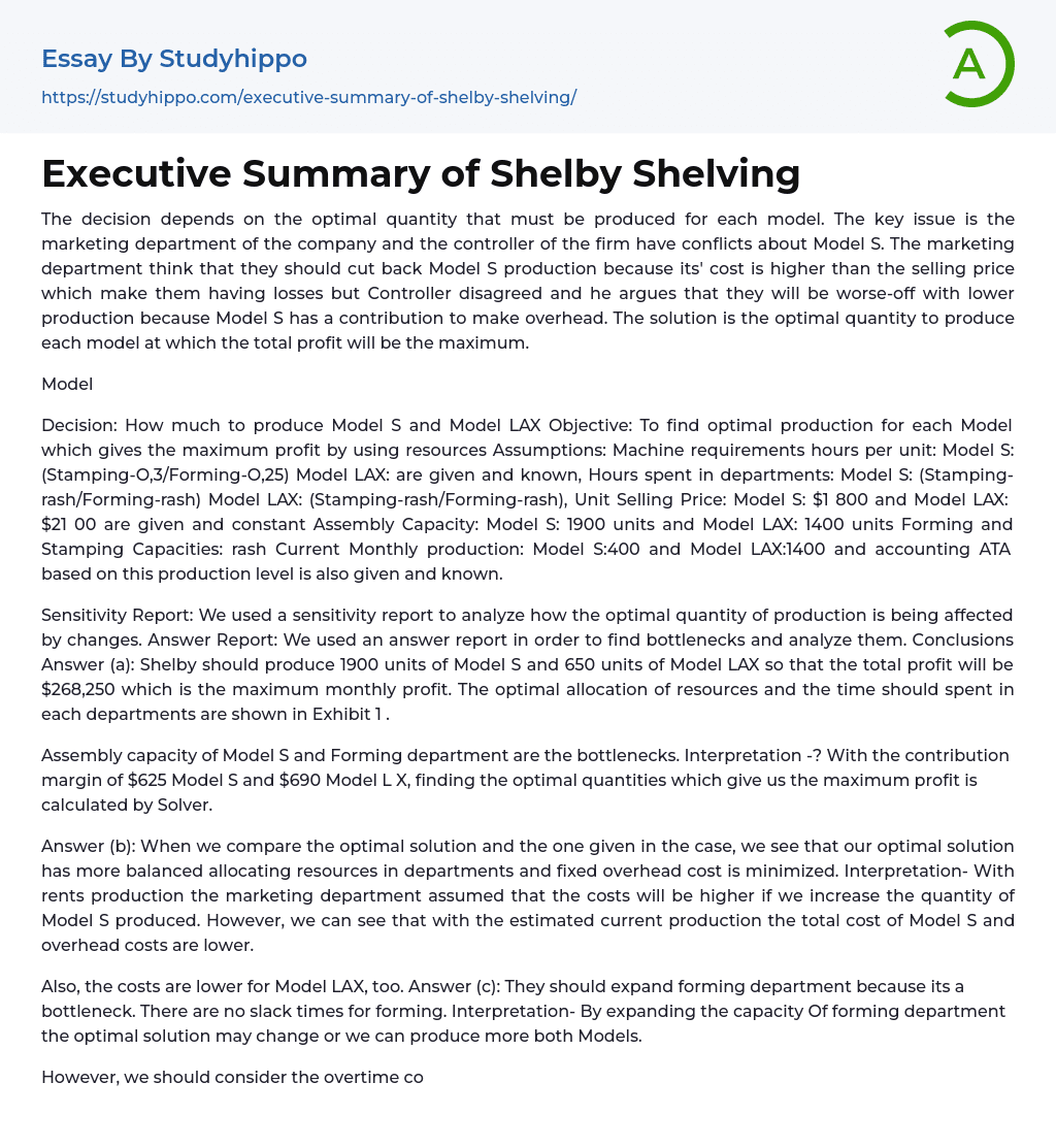 Executive Summary of Shelby Shelving Essay Example