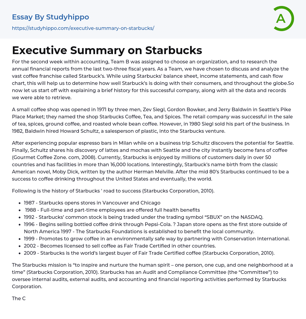 Executive Summary on Starbucks Essay Example