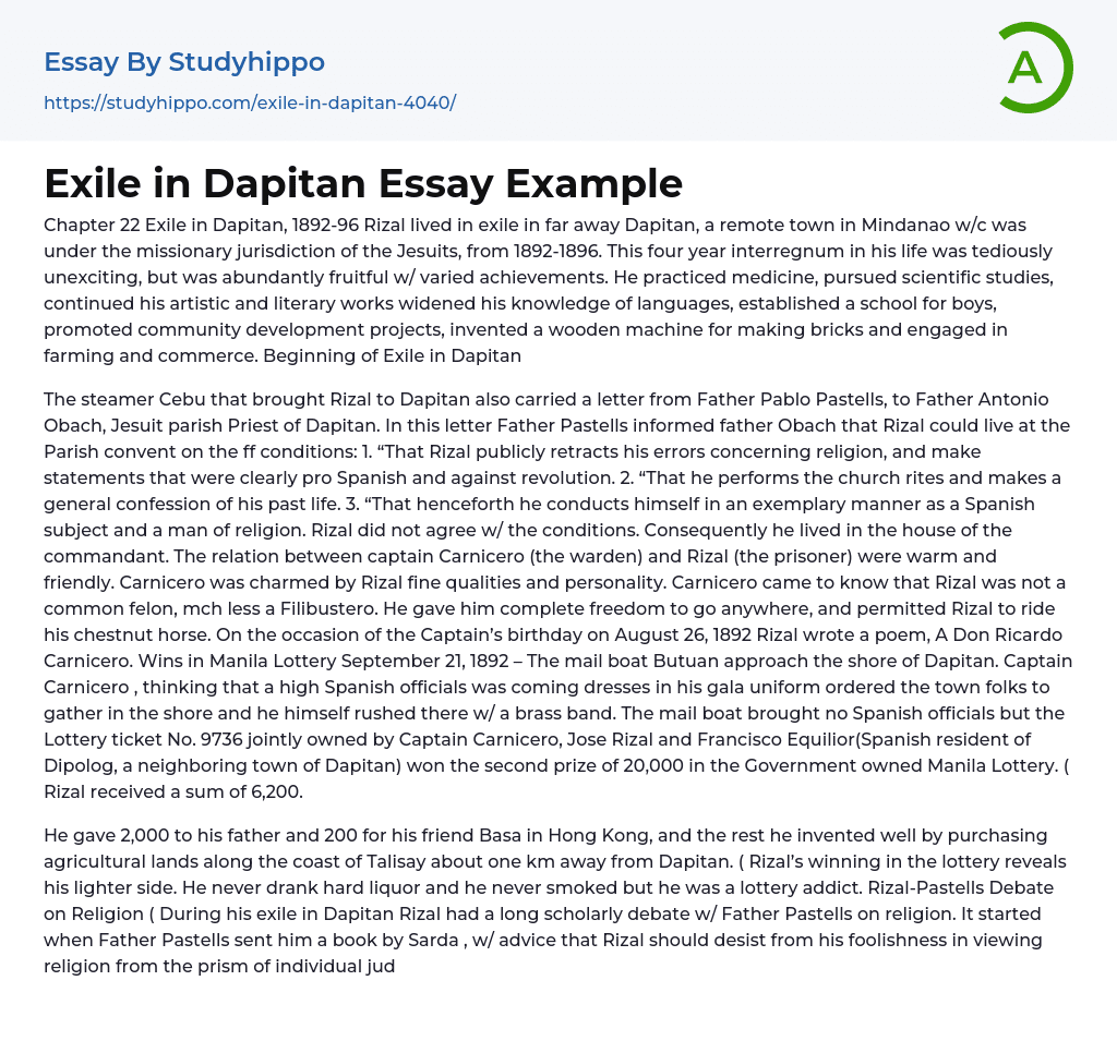 Exile in Dapitan Essay Example