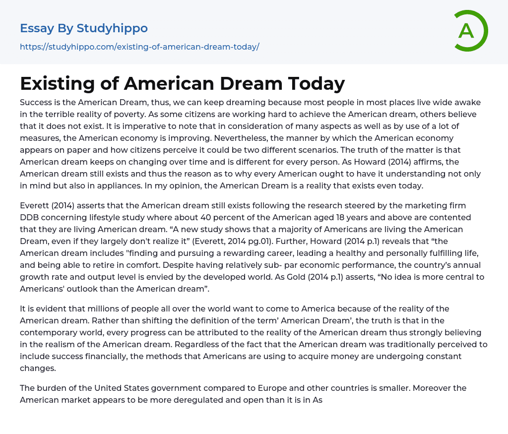 Existing of American Dream Today Essay Example