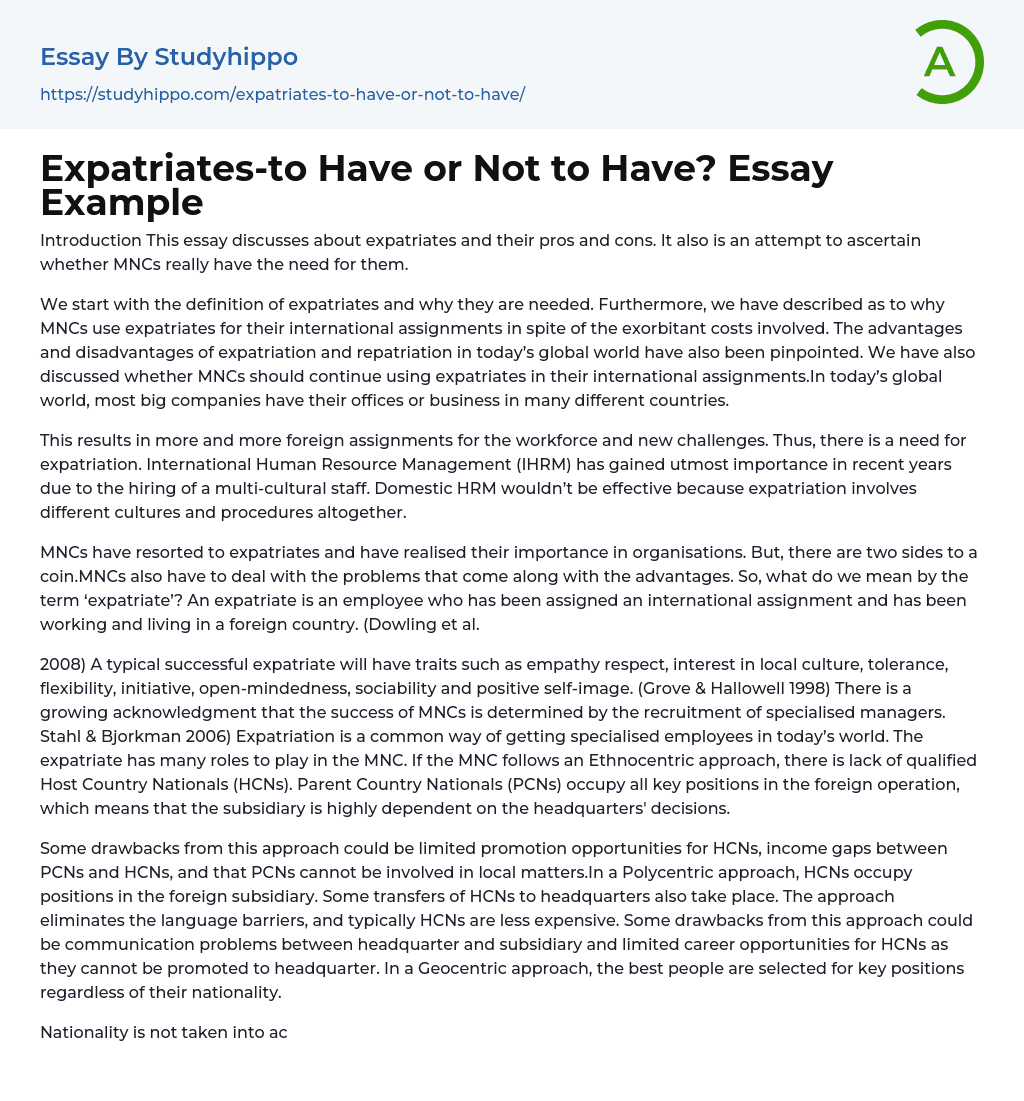 Expatriates-to Have or Not to Have? Essay Example