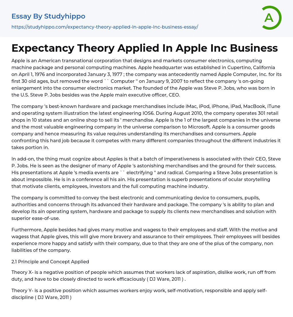 Expectancy Theory Applied In Apple Inc Business Essay Example