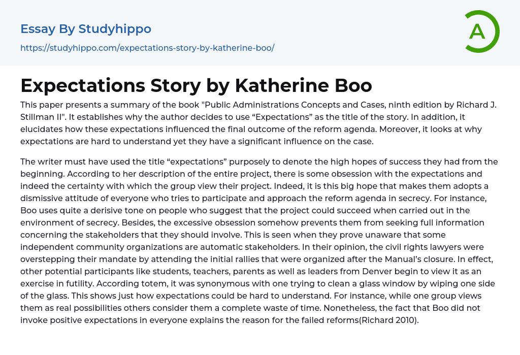 Expectations Story by Katherine Boo Essay Example