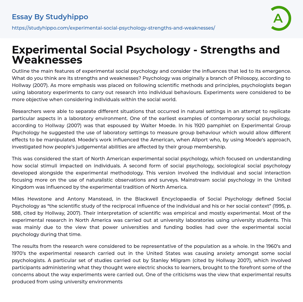 Experimental Social Psychology – Strengths and Weaknesses Essay Example