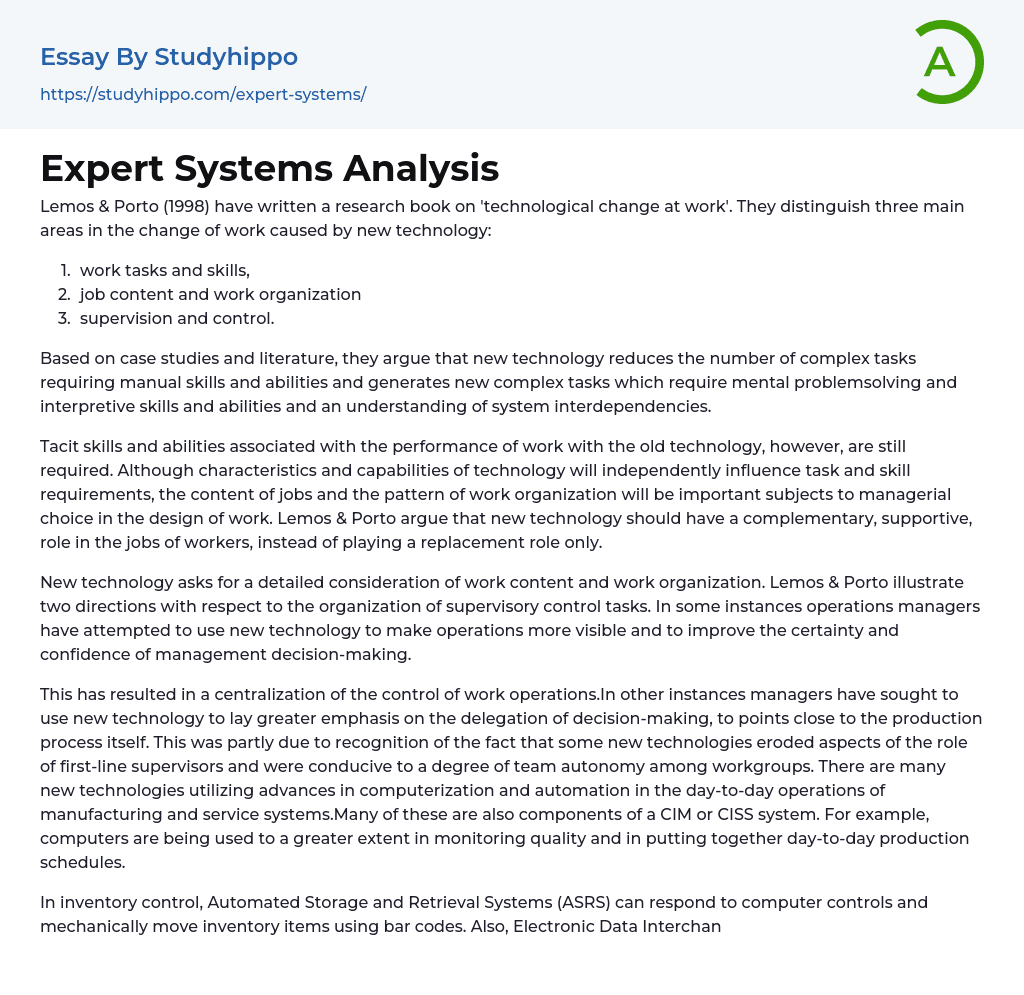 Expert Systems Analysis Essay Example