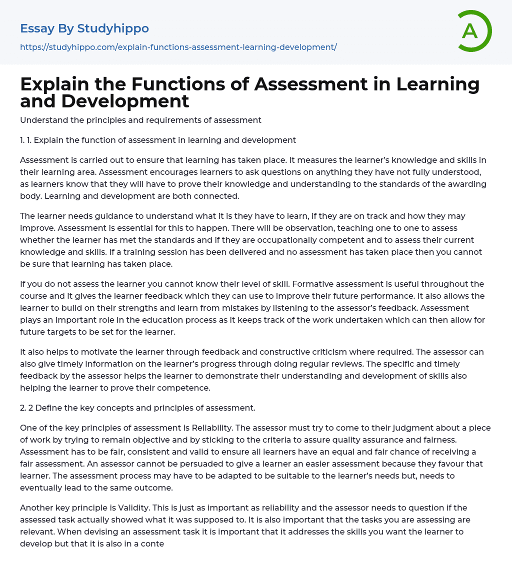 Explain the Functions of Assessment in Learning and Development Essay Example