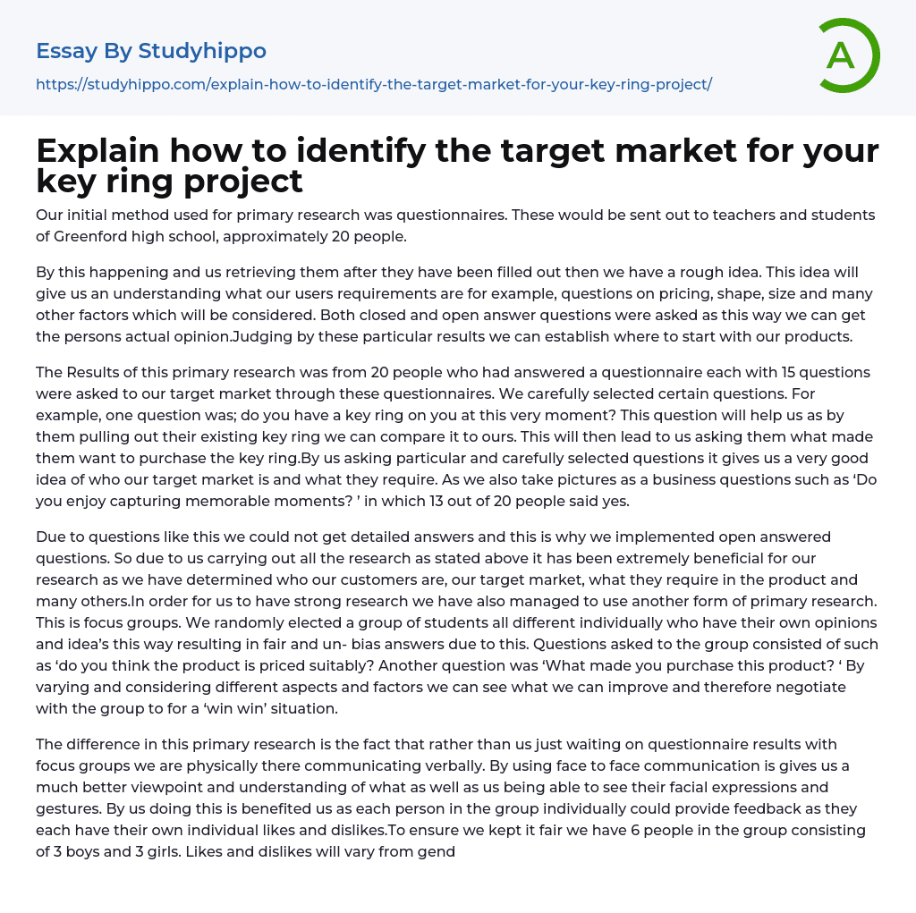 Explain how to identify the target market for your key ring project Essay Example