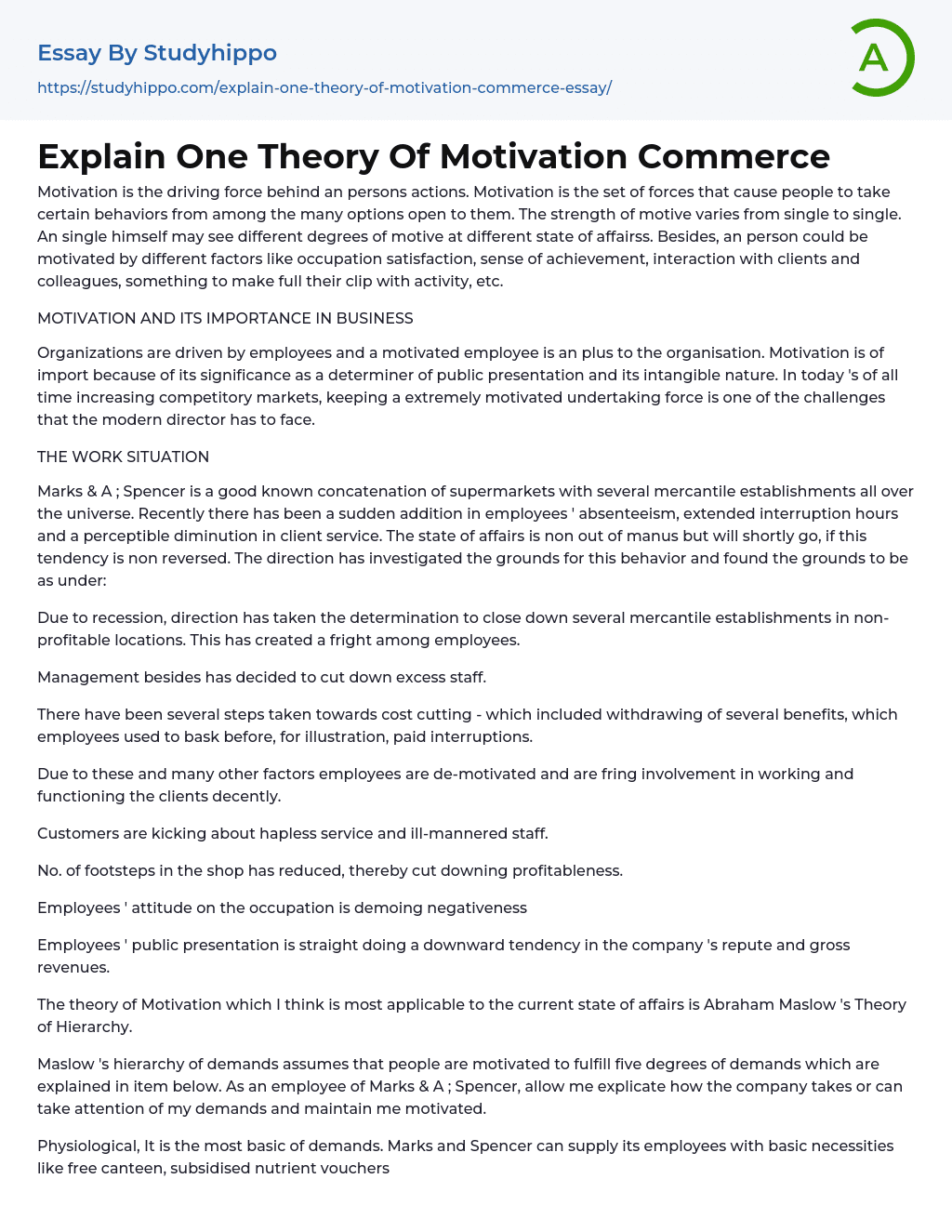 Explain One Theory Of Motivation Commerce Essay Example