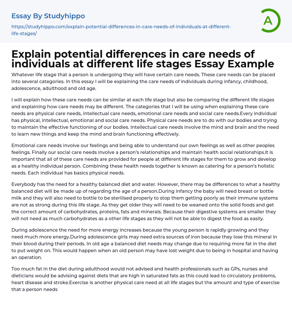 Explain Potential Differences In Care Needs Of Individuals At Different 