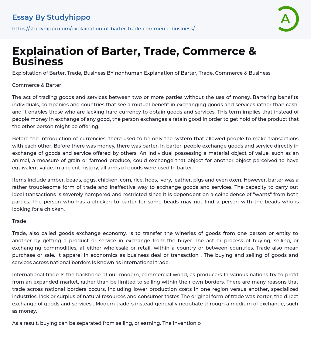 Explaination of Barter, Trade, Commerce & Business Essay Example