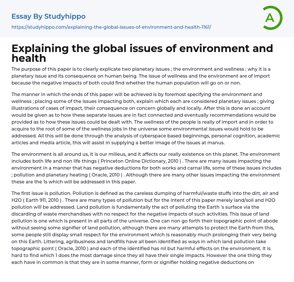 Explaining the global issues of environment and health Essay Example