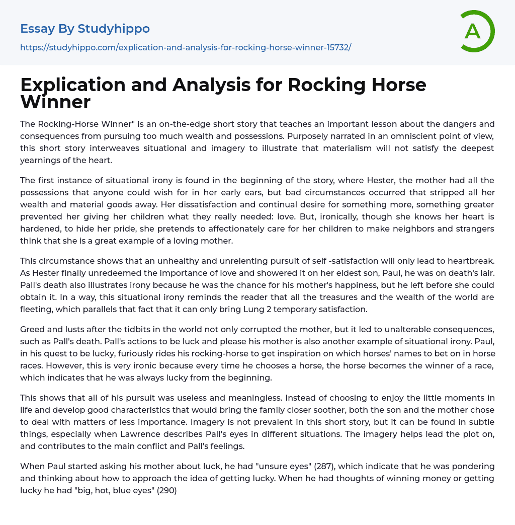 Explication and Analysis for Rocking Horse Winner Essay Example