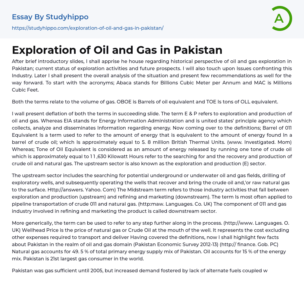 Exploration of Oil and Gas in Pakistan Essay Example
