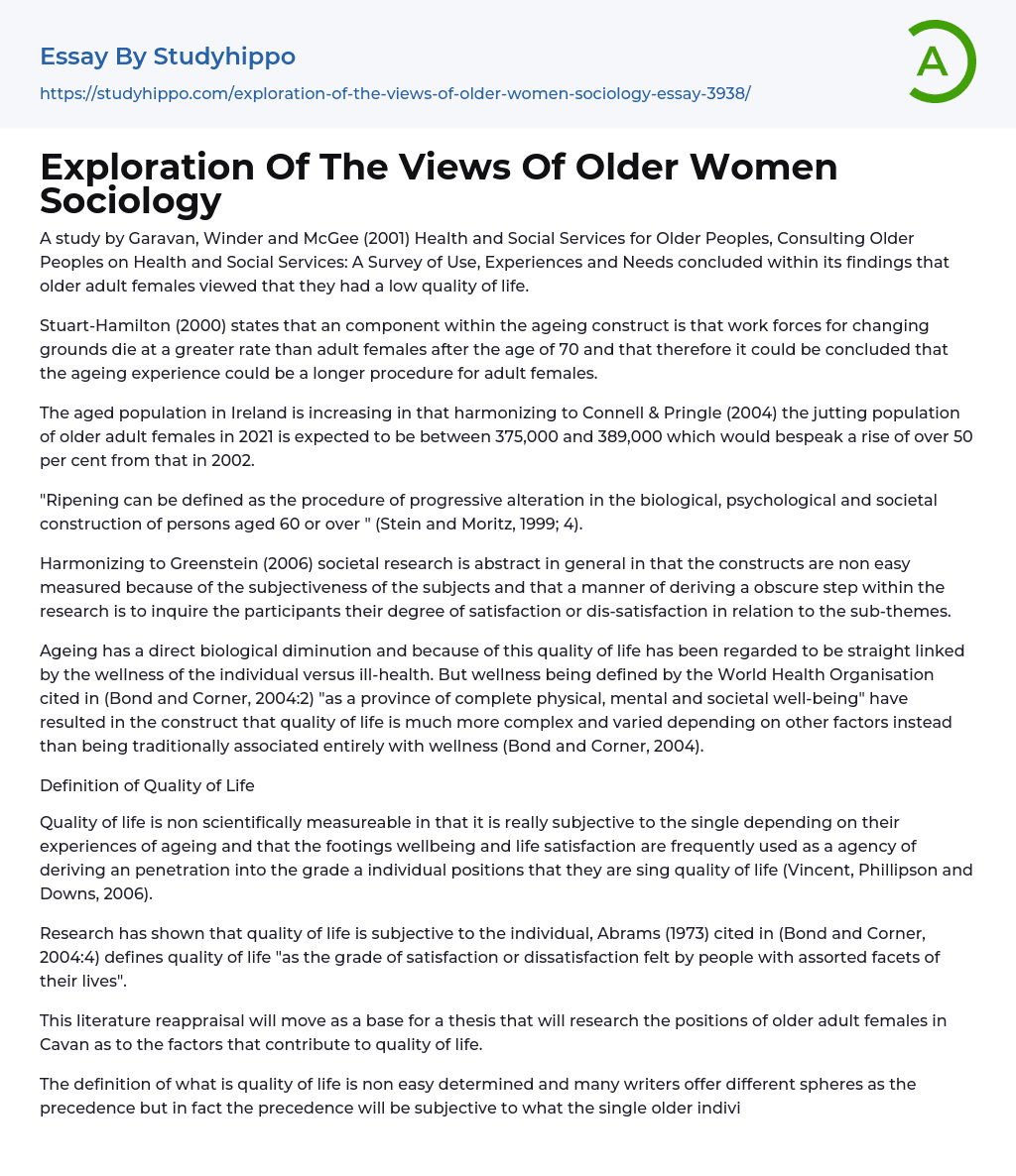 Exploration Of The Views Of Older Women Sociology Essay Example